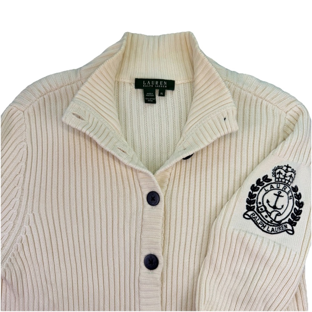 VTG Lauren Ralph Lauren Women's Size XL Ivory‎ Ribbed Cardigan Crest 100% Cotton